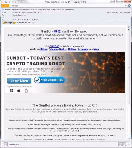 Quảng cáo Gunbot thực chất là một email lừa đảo - Ảnh: FORTINET. Quảng cáo Gunbot thực chất là một email lừa đảo - Ảnh: FORTINET.