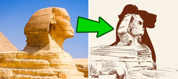 9. Tượng Nhân sư lớn ở Giza (Great Sphinx of Giza) Vì hình dáng phần đầu của tượng Nhân sư, nhà địa chất học Robert Schoch cho rằng, ban đầu bức tượng có đầu sư tử. Tiếp tục giả thuyết của mình, ông Schoch cho rằng, sau này thì khuôn mặt bí ẩn của Pharaon Khafre mới được khắc lên nên đường nét khuôn mặt của bức tượng có những nét gần giống với khuôn mặt của vị Pharaon này. Tuy nhiên, giả thuyết này lại ngược lại với các nghiên cứu khoa học và giả thuyết của Graham Hancock về mối tương quan của 3 kim tự tháp với các ngôi sao của chòm sao Orion trong thiên niên kỷ 11 TCN.