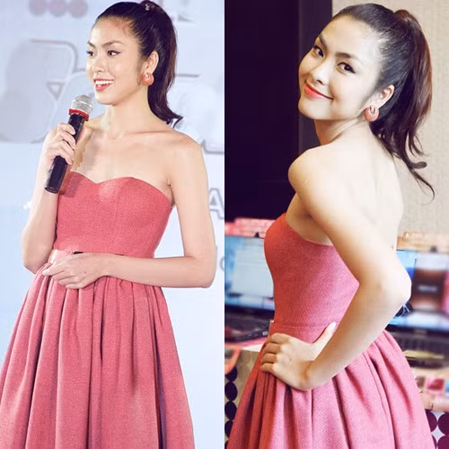Tăng Thanh Hà là ngọc nữ có vòng 1 khiêm tốn nhưng người đẹp vẫn tự tin diện đầm cúp ngực.