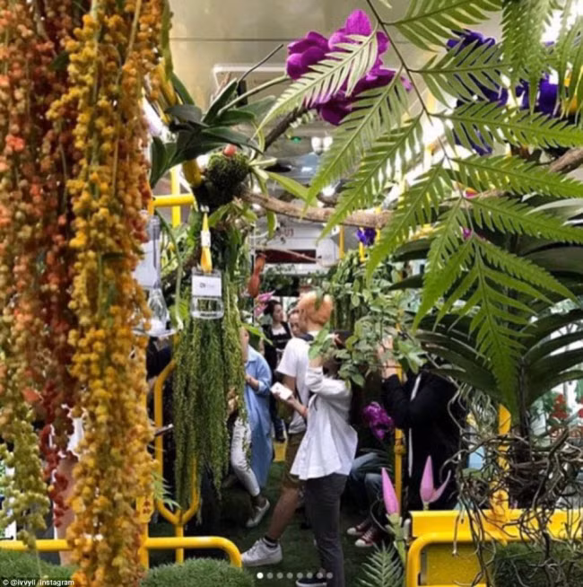 Tác phẩm nghệ thuật sắp đặt gây ấn tượng với ghế và sàn phủ rêu xanh cùng nhiều loài hoa cuốn quanh các cột sắt trên xe bus.