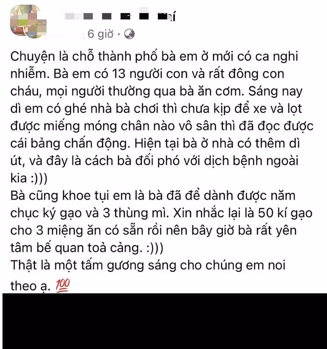 Mới đây, trên mạng xã hội xuất hiện câu chuyện của người cháu chia sẻ về việc cách ly mùa dịch của bà mình thu hút đông đảo sự chú ý. Theo chia sẻ, nơi họ ở đã xuất hiện ca nghi nhiễm COVID-19 nên cụ bà lập tức có biện pháp phòng chống dịch mạnh mẽ khiến con cháu vô cùng bất ngờ.