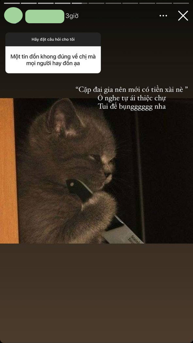 Mới đây, trong một Q&amp;A, có netizen đã hỏi cô nàng "Một tin đồn không đúng về chị", gái xinh này đã thẳng thắn trả lời đó là chuyện "cặp đại gia nên mới có tiền để xài".