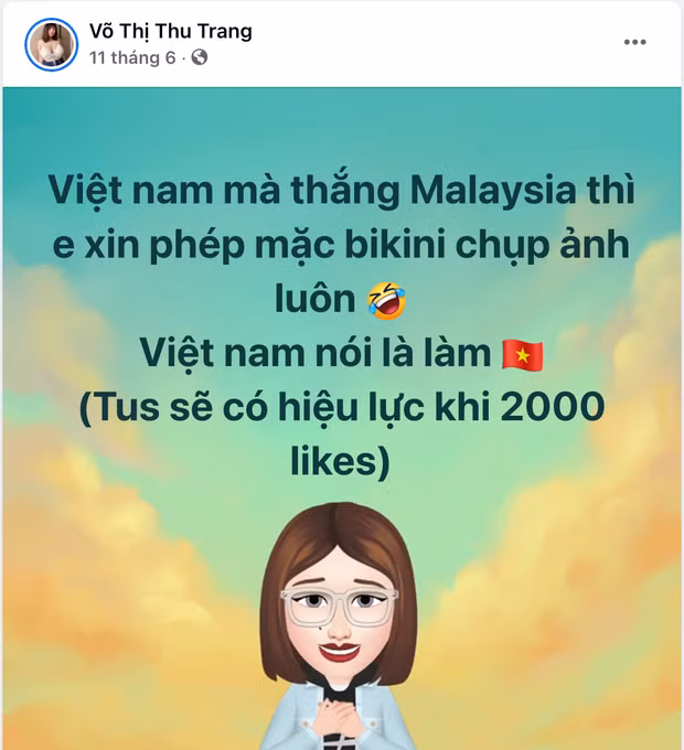 Vào hồi tháng 6/2021 ở loạt trận đấu nằm trong khuôn khổ vòng loại World Cup 2022 diễn ra tại Dubai, gái xinh "ngực khủng" từng tuyên bố gây sốc cô sẽ mặc bikini chụp ảnh nếu đội tuyển Việt Nam thắng.