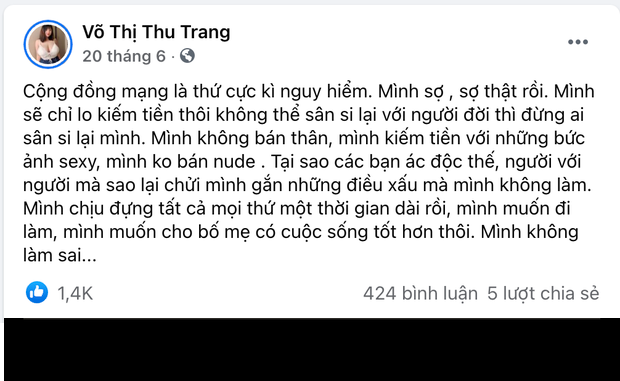 Bên cạnh đó, Võ Thị Thu Trang cũng sẵn sàng "đốp chát" lại những người muốn xem full mà lại đòi free, không chịu đăng ký kênh O.F của mình rằng: "Muốn xem full mà lại không muốn bỏ tiền thì thôi em gửi cho anh cái nịt xem tạm".
