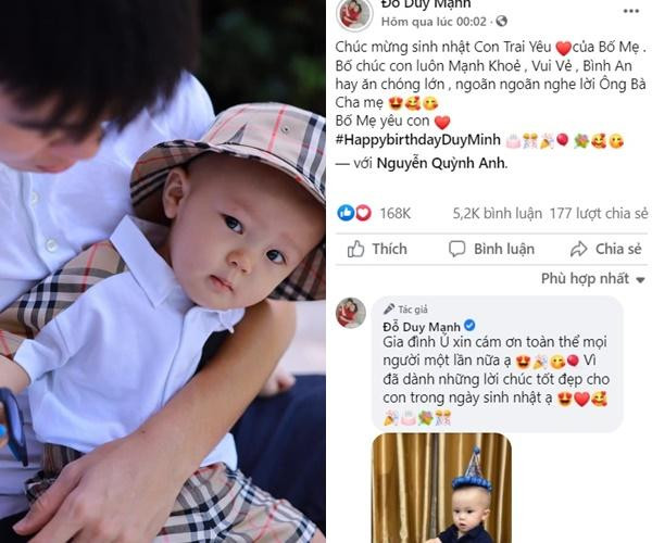 Nhân dịp đặc biệt của con trai, Đỗ Duy Mạnh cũng có đôi lời nhắn nhủ đến quý tử nhân dịp con tròn 1 tuổi trên trang cá nhân: "Chúc mừng sinh nhật con trai yêu của bố mẹ. Bố chúc con luôn mạnh khỏe, vui vẻ, bình an, hay ăn chóng lớn, ngoan ngoãn nghe lời ông bà, cha mẹ. Bố mẹ yêu con".