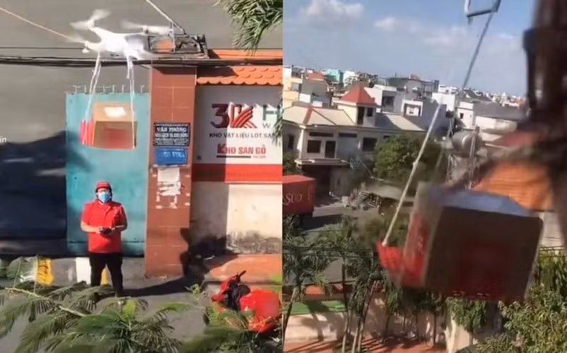 Hình ảnh một nam shipper đang đứng dưới đường và điều khiển chiếc flycam vô cùng chuyên nghiệp. Trên đó, thùng hàng được buộc lại và "bay" về phía tòa nhà cô gái ở phía đối diện để giao hàng.