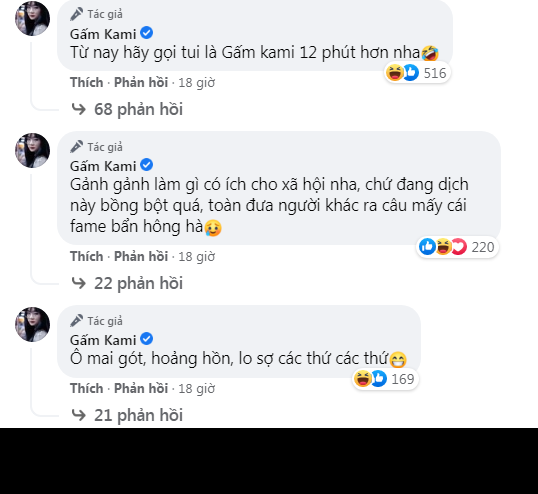 "Từ nay hãy gọi tui là Gấm kami 12 phút hơn nha", "Gảnh gảnh làm gì có ích cho xã hội nha, chứ đang dịch này bồng bột quá, toàn đưa người khác ra câu mấy cái fame bẩn hông hà",...là những bình luận phản pháo của Gấm Kami trên fanpage cá nhân.