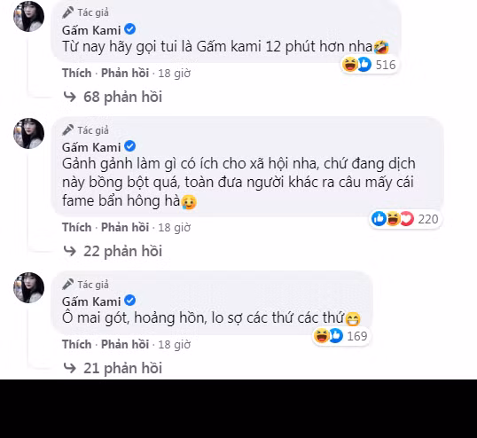 "Từ nay hãy gọi tui là Gấm kami 12 phút hơn nha", "Gảnh gảnh làm gì có ích cho xã hội nha, chứ đang dịch này bồng bột quá, toàn đưa người khác ra câu mấy cái fame bẩn hông hà",...là những bình luận phản pháo của Gấm Kami trên fanpage cá nhân.