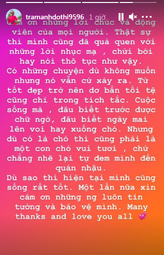 Trước lời gạ gẫm, Trâm Anh cũng đã đăng tải một story dài, cảm ơn những người đã quan tâm, hỏi han cô sau sự việc trên.