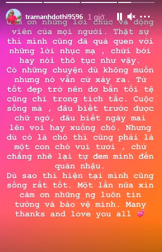 Trước lời gạ gẫm, Trâm Anh cũng đã đăng tải một story dài, cảm ơn những người đã quan tâm, hỏi han cô sau sự việc trên.