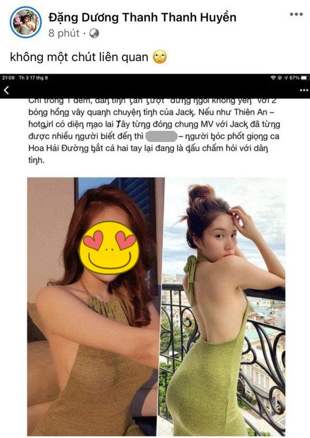 Trước sự nhầm lẫn này, nữ MC đã đăng status đính chính, tỏ rõ thái độ trên trang cá nhân: "Không một chút liên quan" kèm ảnh chụp màn hình bài viết.