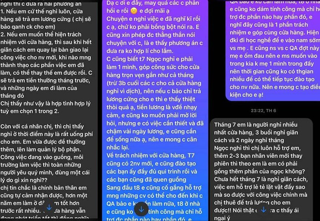 Nữ nhân viên chia sẻ cô đã ngỏ ý vẫn hỗ trợ cửa hàng bàn giao công việc cho nhân viên mới đến hết tháng 8 và chỉ xin nhận đủ lương và thưởng tháng 7 nhưng chủ cửa hàng từ chối và chỉ trả lương cứng là 5 triệu, không tính doanh thu và tiền thưởng như mọi tháng. Cụ thể, phần thưởng mỗi tháng trung bình khoảng từ 3 đến 3,5 triệu đồng.