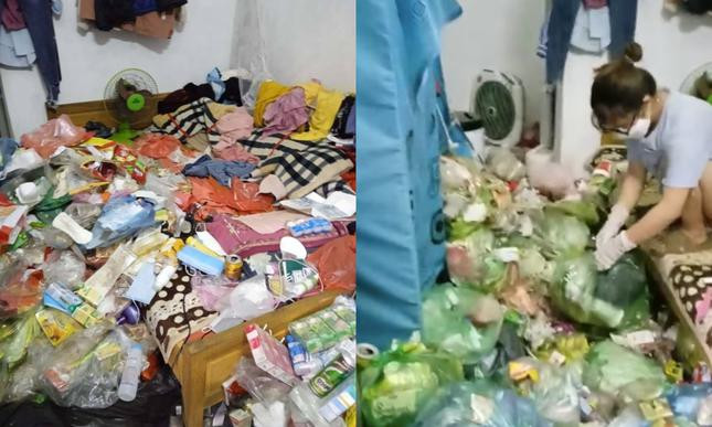 Sau khi vào phòng kiểm tra và "té ngửa" vì cảnh tượng bên trong, chủ nhà trọ đã mất rất nhiều thời gian mới có thể dọn dẹp hết đống rác thải trong căn phòng này.