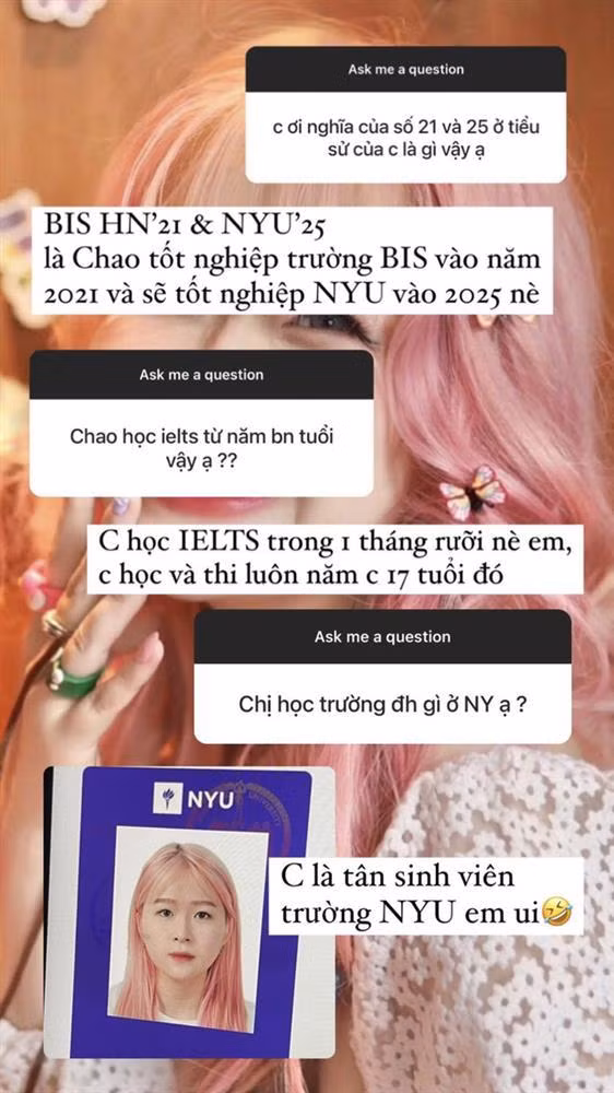 Sau đó, rich kid Châu Anh đã phải đính chính bằng một story khác trên trang cá nhân. Nữ sinh cho hay bản thân học trường quốc tế từ bé nên đã có nền tảng Tiếng Anh khá tốt.
