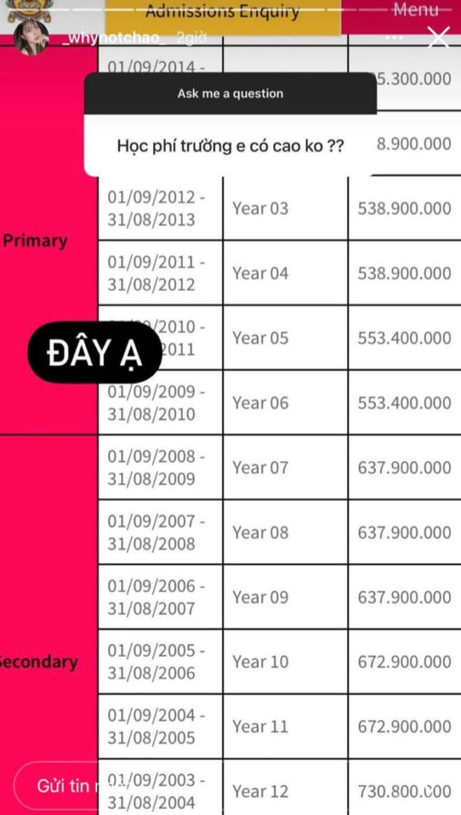 Cách đây không lâu, cô nàng khiến cư dân mạng trầm trồ khi trả lời Q&amp;A về mức học phí ở trường quốc tế đang theo học. Theo đó mức học phí năm lớp 12 của cô là gần 731 triệu.