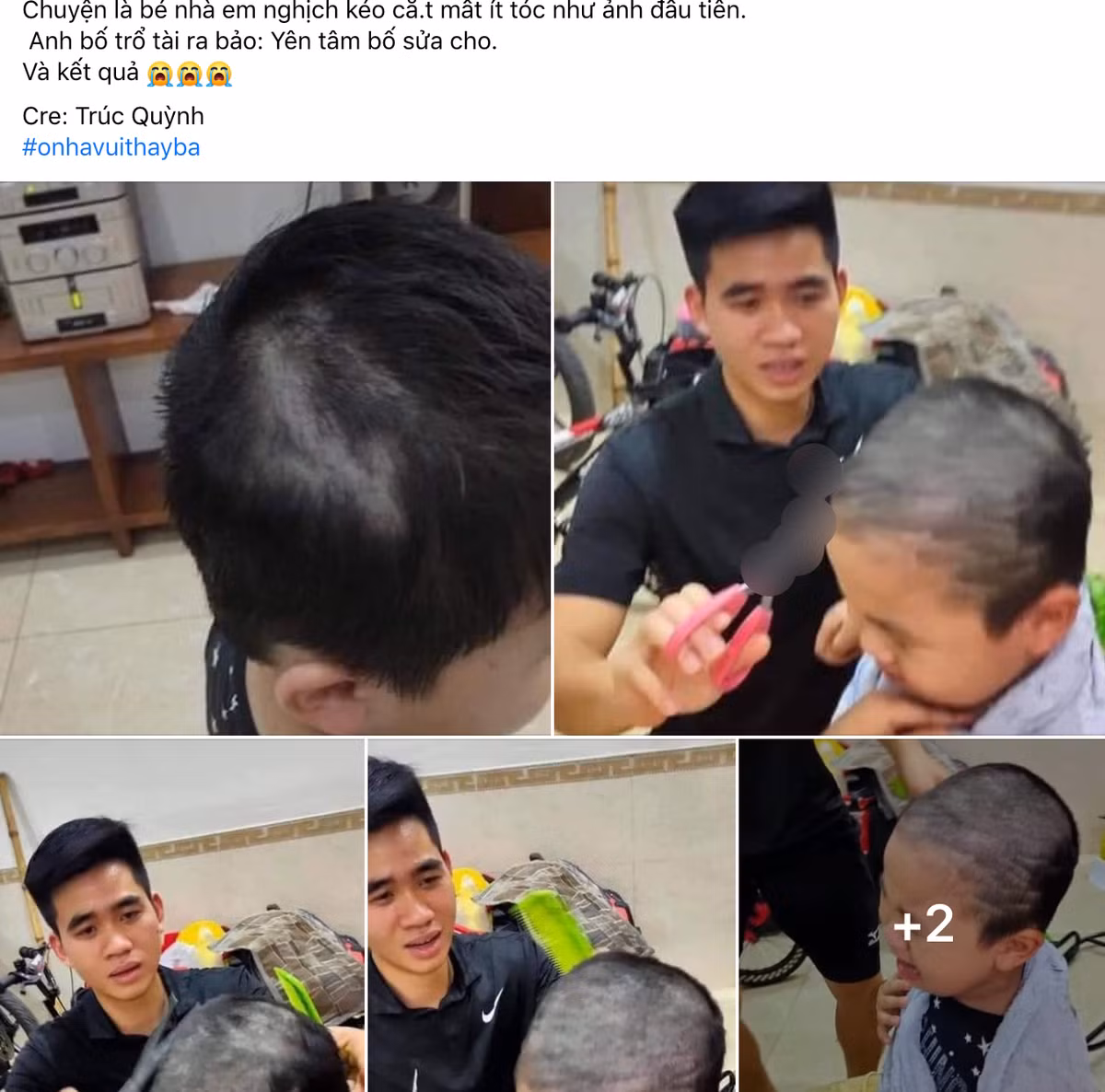 Mới đây, trên MXH xuất hiện bài đăng về màn cắt tóc thảm hoạ của một ông bố tự tay thực hiện cho con trai mình : "Chuyện là bé nhà em nghịch kéo cắt mất ít tóc như ảnh đầu tiên. Anh bố trổ tài ra bảo: Yên tâm bố sửa cho. Và kết quả". Ảnh: Chụp màn hình