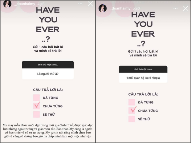 Mới đây, bạn gái tin đồn Đoàn Văn Hậu đã dốc hết tâm tư, trả lời luôn một thể về chuyện có hay không thông tin từng làm... tuesday. Một netizen đã mạnh dạn hỏi "Bạn đã bao giờ là người thứ 3 chưa?" với Doãn Hải My. Ngay lập tức, cô nàng phản ứng gây chú ý.