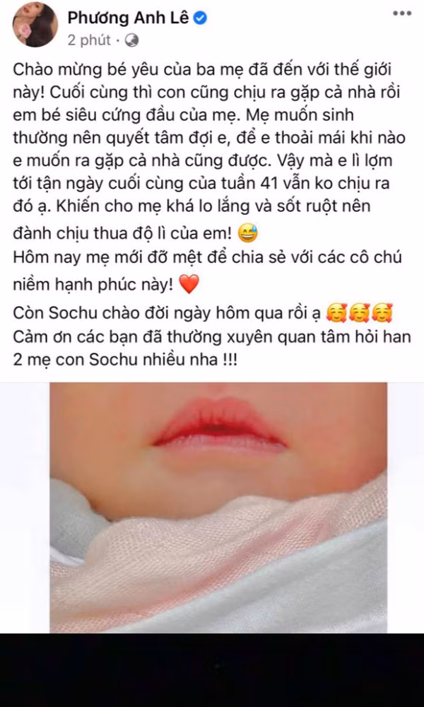Tháng 5 vừa qua, Phanh Lee đã hạ sinh con gái đầu lòng tại một bệnh viện ở Hà Nội bằng phương pháp sinh mổ. Trên trang cá nhân, nữ diễn viên đã chia sẻ hình ảnh con gái mới sinh kèm lời nhắn nhủ cực ngọt.