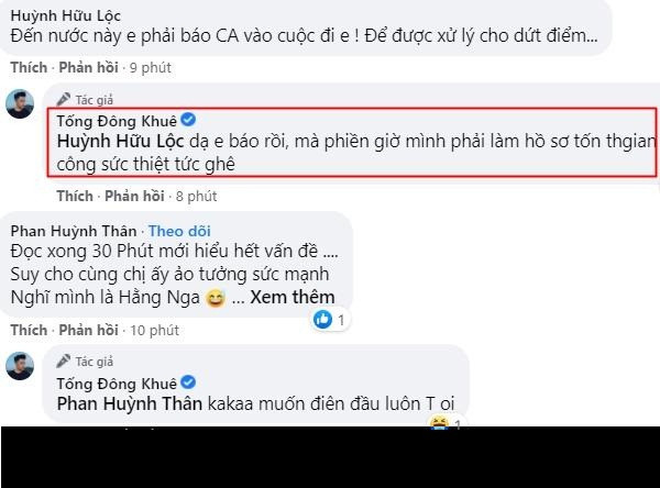 Ở diễn biến mới nhất, Tống Đông Khuê cũng đã có phản ứng "gắt", anh cho biết đã mời công an vào cuộc điều tra. Dưới phần bình luận, Khuê cho biết thủ tục để giải quyết vấn đề này khá lằng nhằng, mất thời gian, công sức,...