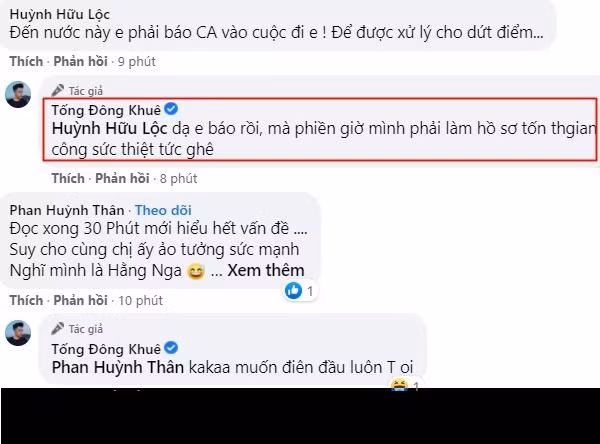 Ở diễn biến mới nhất, Tống Đông Khuê cũng đã có phản ứng "gắt", anh cho biết đã mời công an vào cuộc điều tra. Dưới phần bình luận, Khuê cho biết thủ tục để giải quyết vấn đề này khá lằng nhằng, mất thời gian, công sức,...
