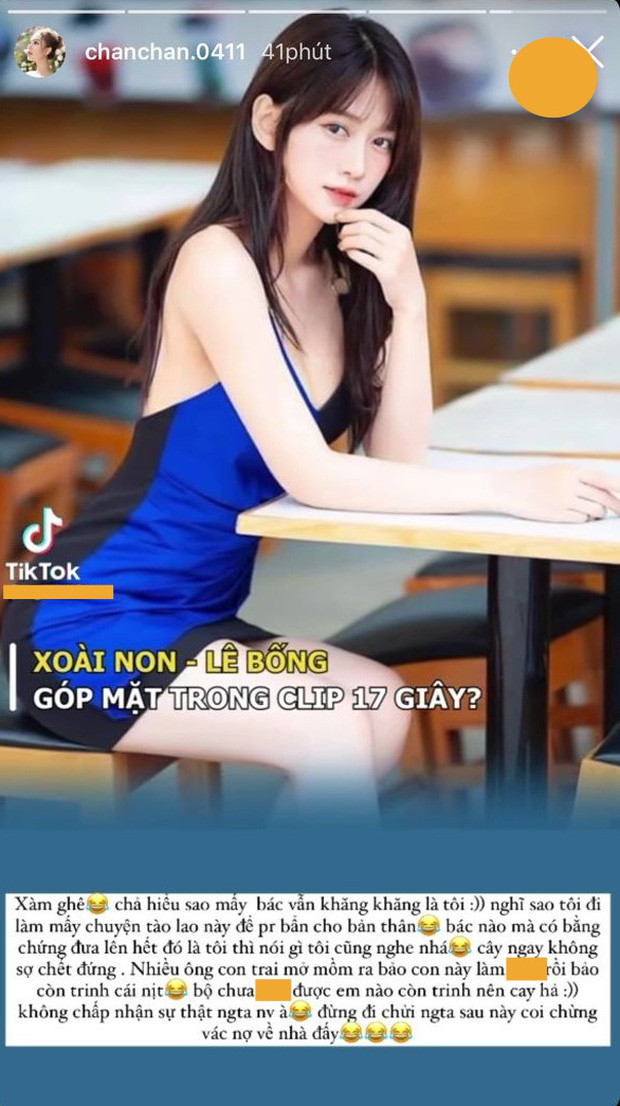 Trên một trang về TikTok mới đây đã đưa tin về đoạn clip 17 giây nhưng nhắc đến tên Xoài Non bị nghi xuất hiện trong clip đó. Ngay lập tức nàng hot girl đã đăng tải hết lên story cùng những dòng phản pháo cực gắt.