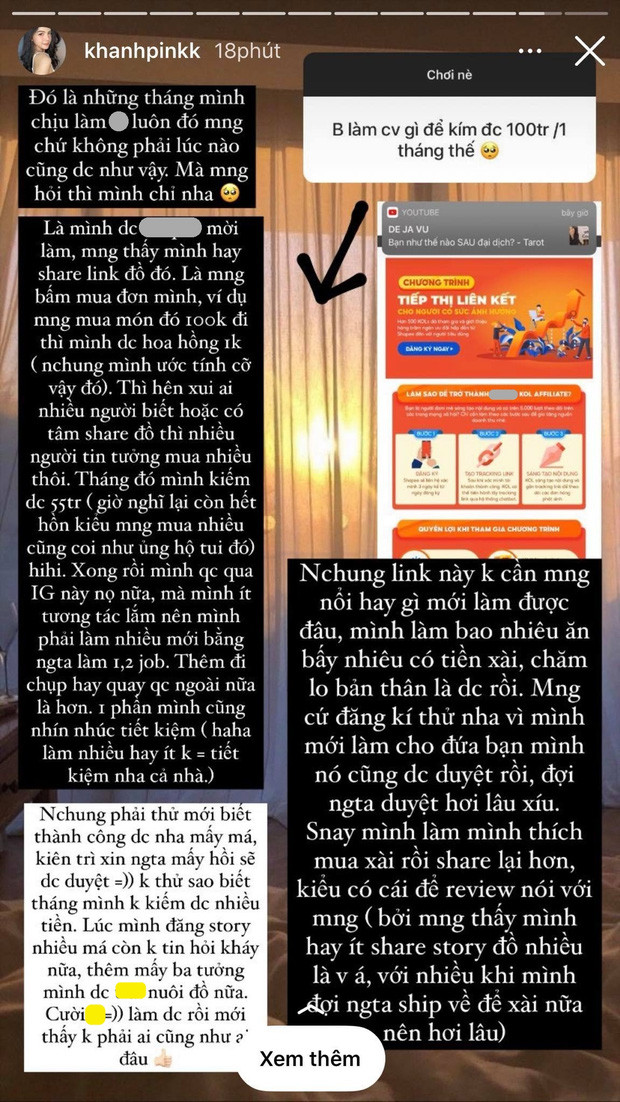 Để trả lời cư dân mạng, hot girl 2K này đã đăng tải hai story dài với nhiều chia sẻ. Cô nàng cho biết mình hiện đang nhận nhiều công việc cùng lúc. Có công việc còn đem về cho Hồng Khanh khoảng 55 triệu mỗi tháng.