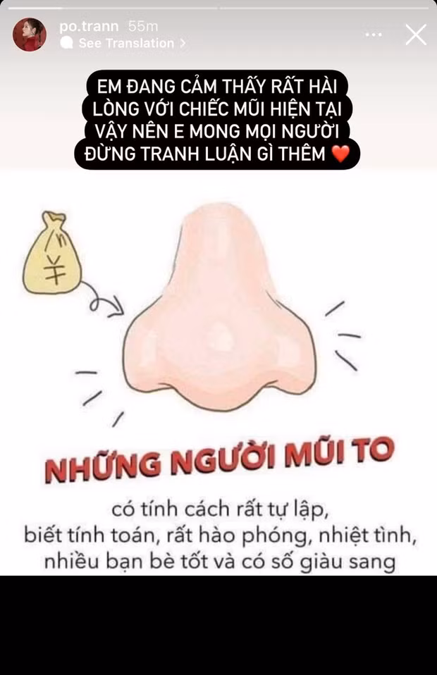 Mới đây, trên Instagram cá nhân hot girl TikTok Trần Thanh Tâm vừa trình bày quan điểm thẳng thắn về vấn đề này, đáp trả netizen đã chê bai chiếc mũi không thon gọn của cô. Theo đó, Thanh Tâm hoàn toàn hài lòng với chiếc mũi hiện tại của mình nên cô hy vọng netizen không tranh luận thêm làm gì.