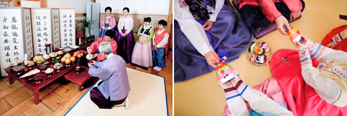 Theo truyền thống, người Hàn Quốc sẽ thực hiện các nghi lễ bao gồm: Charye, Sebae. Trong đó, nghi lễ Charye được tổ chức tại nơi thờ cúng của gia đình.