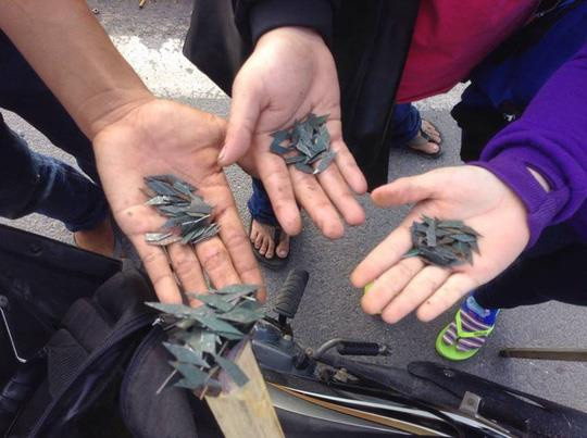 Đinh rải trên đường được người tham gia giao thông dùng nam châm hút lại.