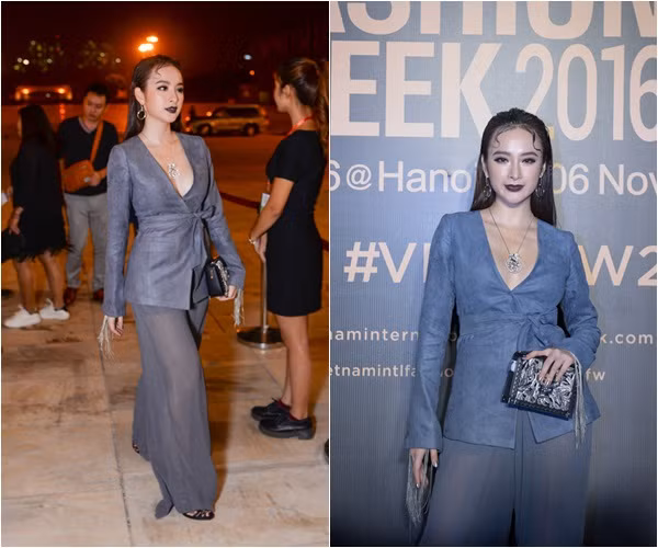 Biểu tượng mới của thời trang Việt, Angela Phương Trinh cũng xuất hiện với phong cách độc đáo, mới lạ và lăng xê mốt son môi đen cá tính.