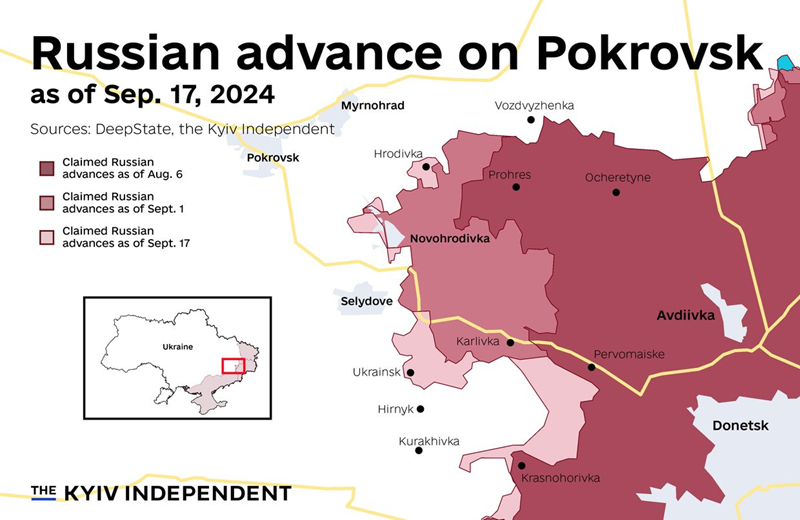 Hiện tại, Quân đội Nga đã bắt đầu tăng tốc độ tấn công vào tuyến phòng thủ phía đông nam của Pokrovsk. Theo nhà quan sát Podolyaka, ngày 19/9, sau khi vượt sông Zhuravka, quân Nga bắt đầu tấn công về phía tây và tây bắc khu vực Grodovka. Ảnh: Kyiv Independent.