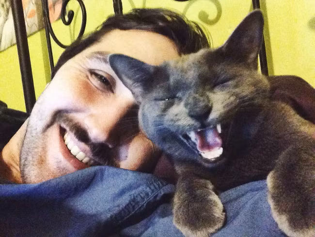 Để bày tỏ sự phấn khích khi được chụp ảnh cùng chủ, chú mèo này cười híp mắt khoe răng nanh.