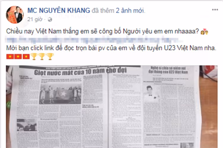 MC Nguyên Khang không ngại tuyên bố: "Nếu chiều nay Việt Nam thắng, em sẽ công bố người yêu em nha". Ảnh: FBNV