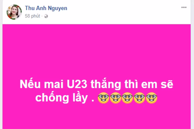 Diễn viên Anh Thư tuyên bố nếu U23 Việt Nam vô địch giải U23 châu Á, cô sẽ lấy chồng.