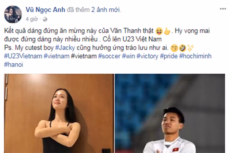 Vũ Ngọc Anh cổ vũ U23 Việt Nam và đặc biệt dành tình cảm cho cầu thủ Văn Thanh.