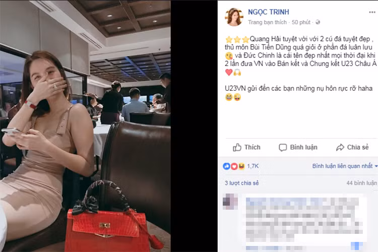 Ngọc Trinh chia sẻ: "Quang Hải tuyệt vời với 2 cú đá tuyệt đẹp, thủ môn Bùi Tiến Dũng quá giỏi ở phần đá luân lưu và Đức Chinh là cái tên đẹp nhất mọi thời đại khi 2 lần đưa Việt vào bán kết và chung kết U23 châu Á. Gửi đến các bạn những nụ hôn rực rỡ".