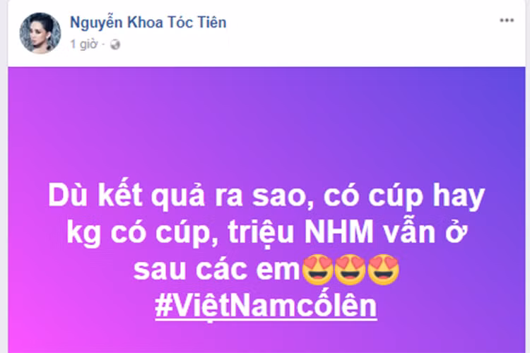 Tóc Tiên động viên U23 Việt Nam cố gắng dù kết quả thế nào, người hâm mộ vẫn yêu mến đội nhà.