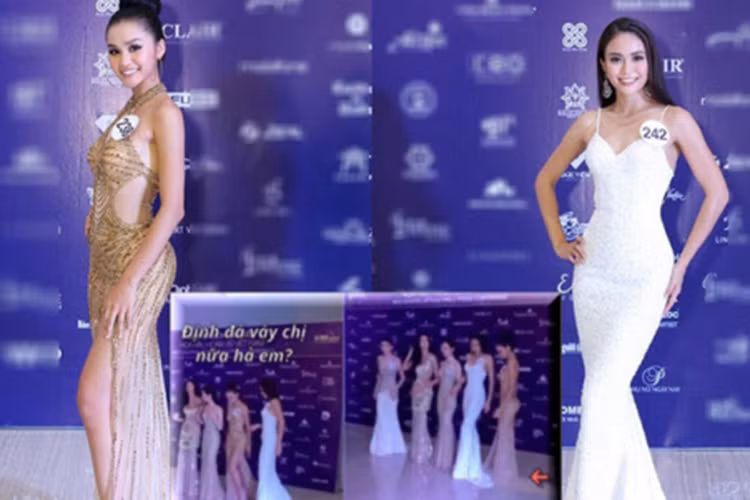 Trong buổi họp báo chung kết cuộc thi Hoa hậu Hoàn vũ Việt Nam 2017, khi các thí sinh chụp hình, Lê Thu Trang được cho là đẩy váy của Mâu Thủy để có chỗ đứng. Ảnh: Một thế giới