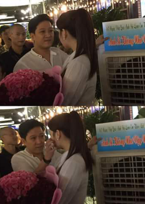 Tháng 7/2016, Trường Giang đến trường quay tặng Nhã Phương hoa để kỷ niệm một năm yêu nhau. Ảnh: Dân Việt