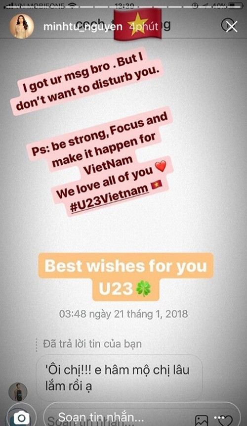 Bùi Tiến Dũng bày tỏ sự ngưỡng mộ với Minh Tú.