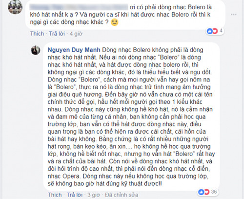 Duy Mạnh đã trả lời bình luận của một cư dân mạng khá đầy đủ về bolero.