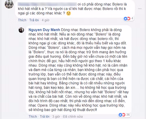 Duy Mạnh đã trả lời bình luận của một cư dân mạng khá đầy đủ về bolero.