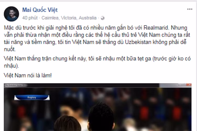 Mai Quốc Việt bày tỏ anh sẽ nhậu tới bến nếu đội tuyển Việt Nam vô địch.