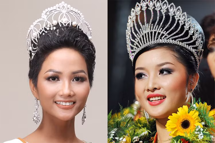 Cô gái dân tộc Ê-Đê H'Hen Niê đăng quang Hoa hậu Hoàn vũ Việt Nam 2017. Trước H'Hen Niê, có một cô gái dân tộc từng đoạt vương miện. Đó là Triệu Thị Hà (trái). Ảnh: Giáo dục Việt Nam, BTC