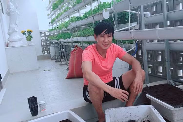 Lý Hải trồng rau sạch trên sân thượng để đãi khách dịp Tết Nguyên Đán 2018.