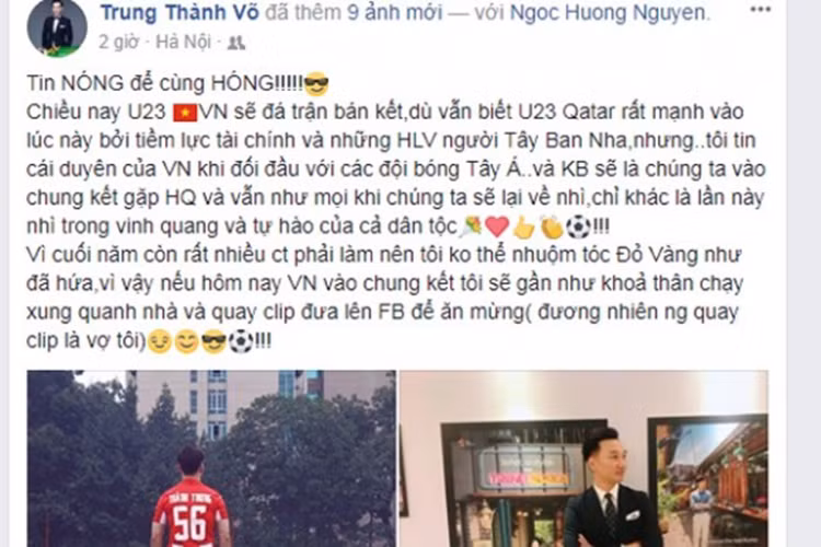 Trước trận đấu giữa U23 Việt Nam và U23 Qatar tại giải U23 châu Á, MC Thành Trung khẳng định sẽ quay clip gần như khỏa thân chạy xung quanh nhà nếu U23 Việt Nam chiến thắng thay vì nhuộm tóc đỏ vàng như đã hứa trước đó. Ảnh: Ngoisao