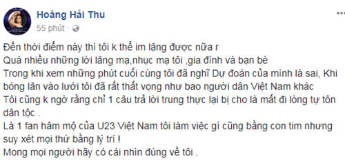 Hoàng Hải Thu lên tiếng khi bị chỉ trích.
