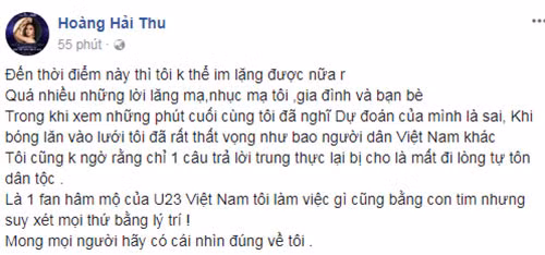 Hoàng Hải Thu lên tiếng khi bị chỉ trích.