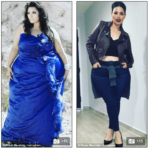 Rosie Mercado từng nặng tới gần 200kg vào năm 2011. Hiện tại, cô đã giảm gần 100kg, có thân hình đồng hồ cát đáng mơ ước và trở thành người mẫu. 