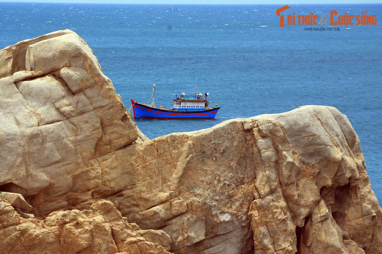 Cảnh quan thiên nhiên hùng vĩ cảng trở nên lôi cuốn khi được điểm tô bởi vô những chiếc thuyền đánh cá sơn màu sắc rực rỡ của người dân chài qua lại trên mặt biển xanh ngắt.